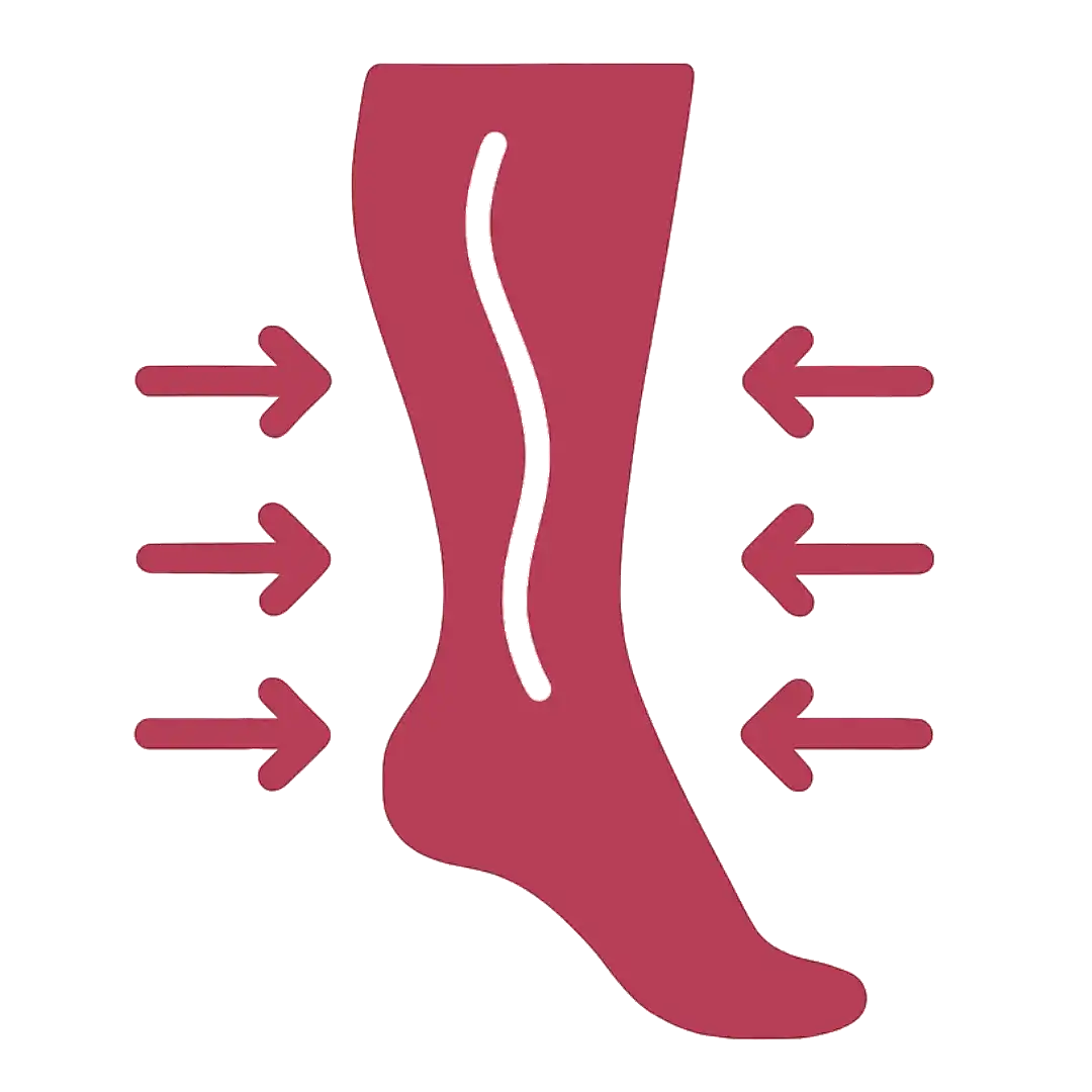 Une illustration stylisée d'une jambe portant une chaussette de compression, avec des flèches indiquant la pression.